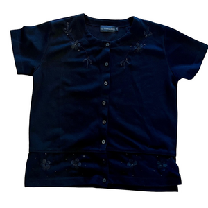 La Madona Black Short Sleeve Beaded Floral Cardigan Top Medium